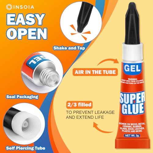 INSOIA Super Glue Gel Clear, 6 x 3g, All Purpose Non-Drip Single-Use - style: Gel