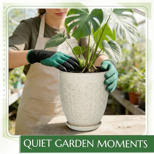 9.5 Inch Flower Pots for Indoor Plants,Ceramic Planter with Saucer Drainage Leak-Proof Mesh Gardening Gloves(Silk-White) - color: Silk-white, size: 9.5 Inch