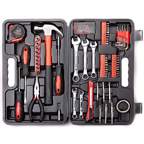 CARTMAN 148-Piece Household Tool Set, Red Tool Kit with Plastic Toolbox - color: Red