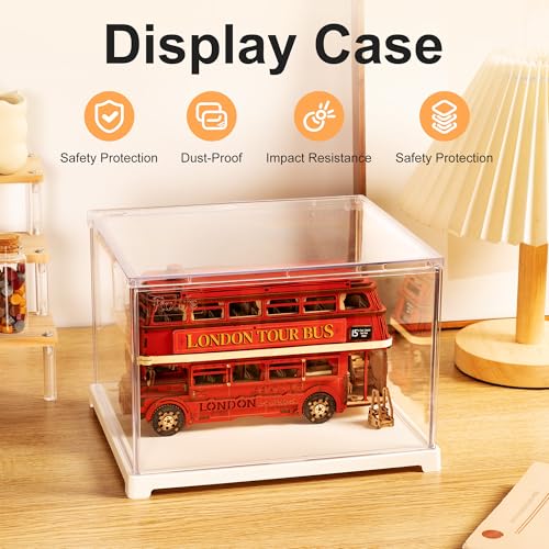 Rolife Acrylic Display Case for Miniature House and Collectibles, Clear Dust Cover Showcase with Door, Stackable Storage Box with White Base(8.1 x 6.9 x 5.4in) - size: 8.1"x6.9"x5.4"