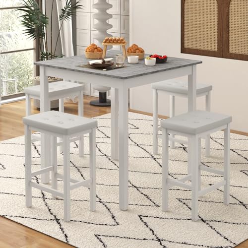 Giantex Dining Table Set for 4, Counter Height Dining Set with 4 Bar Stools, Space-Saving Kitchen Table Chairs Set for Small Place, Dinette, Breakfast Nook (White) - color: White
