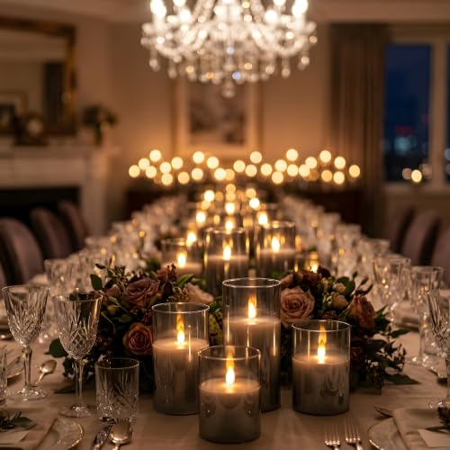 NICEME Radiance Evanescing Flameless Candles with Remote, 3 Pack Glass Battery Operated Candles with Timer, Real Wax Glass LED Candles Flickering Wedding Home Party Christmas D3 x H4 5" 6" Gray - color: White + Gray Acrylic, size: D 3”×H 4”5”6”