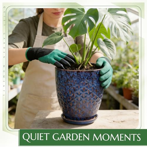 9.5 Inch Flower Pots for Indoor Plants,Ceramic Planter with Saucer Drainage Leak-Proof Mesh Gardening Gloves (Peacock-Blue) - color: Peacock-blue, size: 9.5 Inch