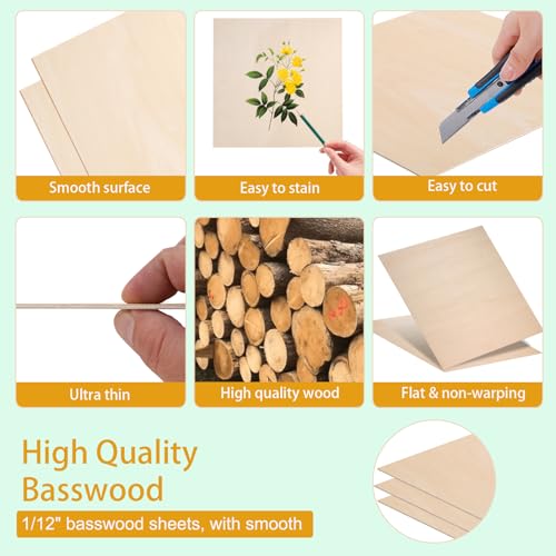 4 Pack Basswood Sheets 12x12x1/12 Inch, Plywood Sheet Unfinished Wood Boards Blanks for Laser Cutting, Engraving, Burning, Crafts