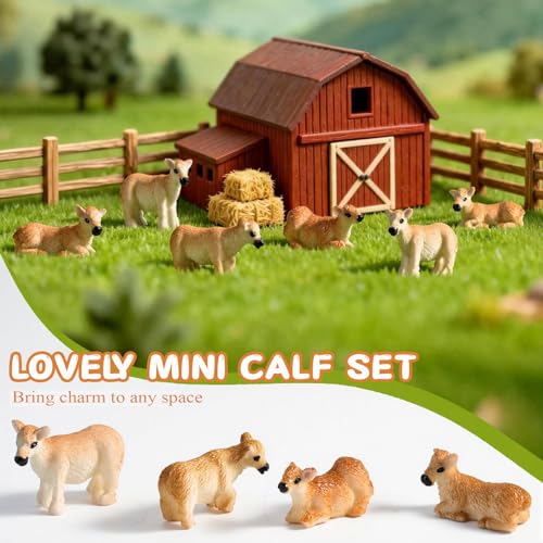 48 Pcs Mini Yellow Calf Figurines Set, Miniature Animal Figures with 4 Poses, Realistic Calf Resin Figurines for Micro Landscape, Fairy Garden Decor and DIY Crafts (Yellow Calf) - color: Yellow Calf