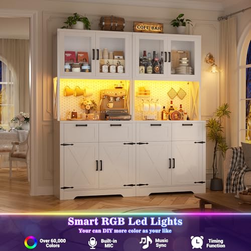 Unikito 71" Kitchen Pantry Cabinet with LED Light & Outlet, Microwave Stand - color: White+rusitc, size: 63 Inch