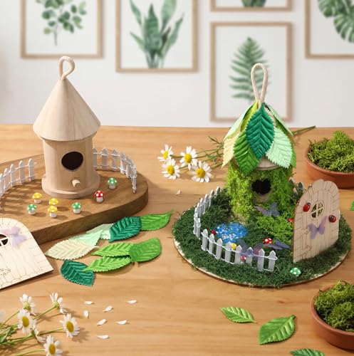 Foilswirl 4 Sets DIY Fairy Garden Kit Make Your Own Wooden Fairy House Craft Kit Mini Garden Accessories Micro Mushrooms Fence Moss Ornaments Craft for Outdoor Indoor Mini House Decor