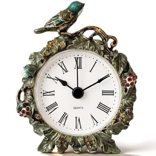 Kenning Vintage Mini Table Clock, 3.5 Inch Small Decorative Metal Non Ticking Analog Quartz Battery Operated Table Top Clock for Living Room Bedroom Bedside Desk Decor(Bird) - style: Bird
