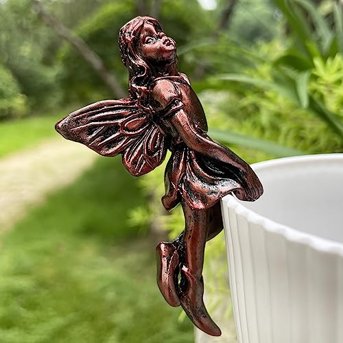 4PCS Miniature Fairies Pot Huggers Garden Planter Pot Hanger Flower Pot and Vase Huggers Resin Vintage Bronze Angel Statue Flying Fairies Figurines Home Office Desk Ornaments
