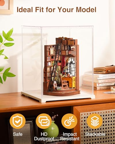 Rolife Acrylic Display Case for Miniature House and Collectibles, Clear Dust Cover Showcase with Door, Stackable Storage Box with White Base for Book Nook(9.1x9.1x11.5in) - size: 9.1"x9.1"x11.5"