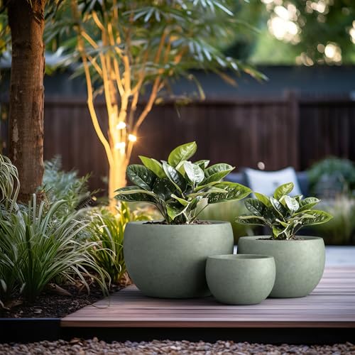 Kante Set of 3 Mint Green Concrete Bowl Planters 19.9" 15.7" 11.8" Dia - color: Mint Green, size: 19.9"D + 15.7"D + 11.8"D