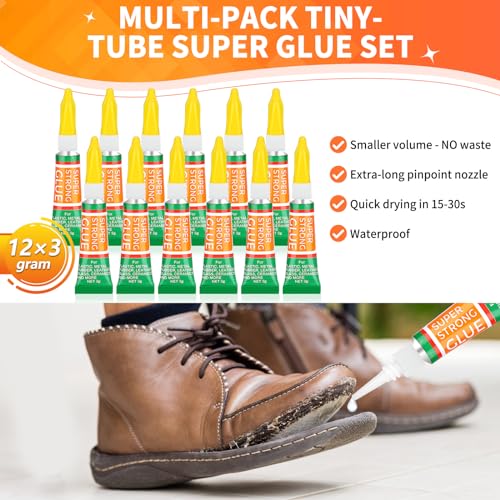 3g X 12 Pack Super Glue Strong Adhesive, Cyanoacrylate Adhesive Instant Drying Glue for Plastic, Wood, Metal, Crafts, Home Kitchen Utensil Repair Permanent - style: 12 X 3G，New