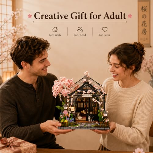 Roroom DIY Miniature House Kit, Dollhouse Kit with Dust Cover & LED Lights - color: Spring Sakura Greenhouse