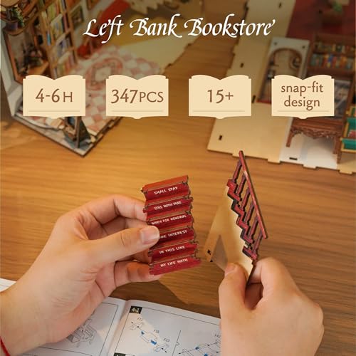 Tonecheer DIY Book Nook Kit for Adults, 3D Wooden Puzzle Bookend Bookshelf Insert Library Bookstore Model Decor, Booknook Miniature Dollhouse with Sensor LED Light for Gifts (Left Bank Bookstore) - color: Left Bank Bookstore