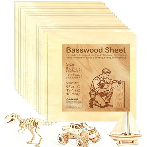 Basswood Plywood Sheets, 12 x 12 in, 1.5 mm, 18 Pack - size: 12 x 12 x 1/16 Inch