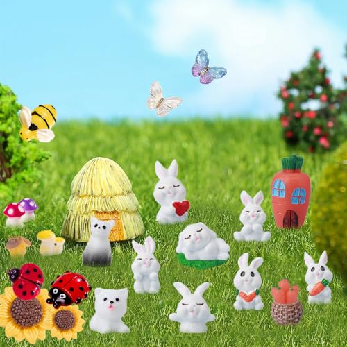 25PCS Mini Figurines Set with Rabbits - Mixed Resin Animals & Garden Decor with Mushroom, Ladybug, Bee, Butterfly for Fairy Garden, Terrarium, Plant Pot & Bunny Decor - style: 25PCS Farm Rabbit