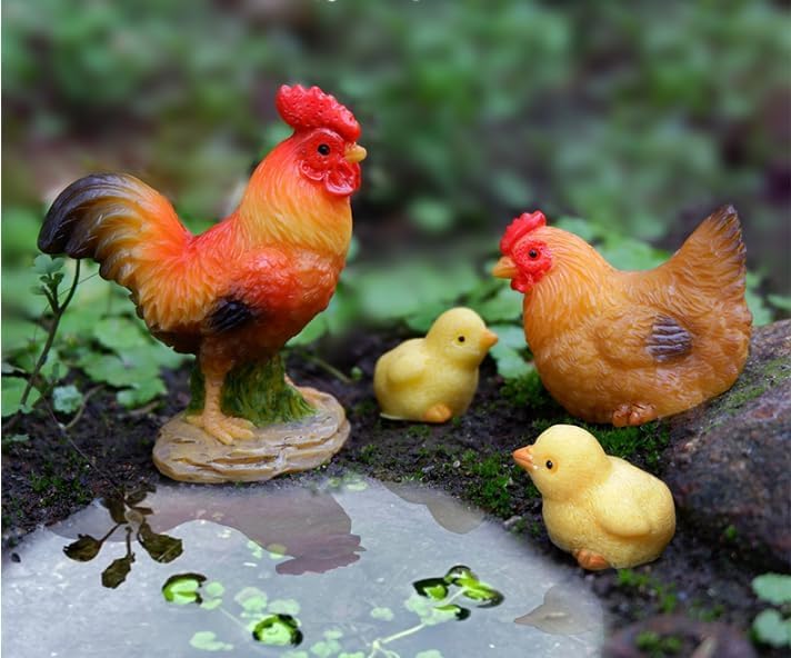 2Pcs Miniature Chicken Mini Carved Ornament Figurine Farm Hen and Farm Rooster Figurine Small Animals Collectible, Miniature Outdoor Statues for Micro Landscape