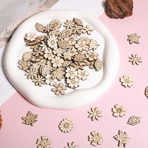 100 PCS Unfinished Wood Flowers Wood Slice Leaf Pattern Cutouts Mini Wooden Handmade Craft Decoration Supplies DIY Art Project Wooden Pieces Scrapbook Embellishments