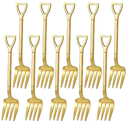 Comicfs 10 Pcs 4.7 Inches Gold Shovel Shape Fruit Forks Cocktail Sticks Set, Stainless Steel Mini Salad Forks Appetizer Cake Dessert Forks Party Supplies (10 Fork, Gold) - color: 10 Pcs Forks-Gold, size: 10 Pcs