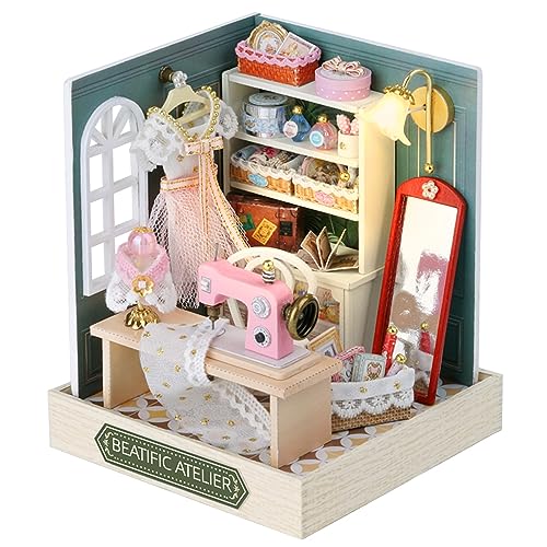 Kisoy Dollhouse Miniature with Furniture Kit, DIY 3D Wooden DIY House Kit with Dust Cover,Handmade Tiny House Toys for Teens Adults Gift (Beatific Atelier) - color: Beatific Atelier