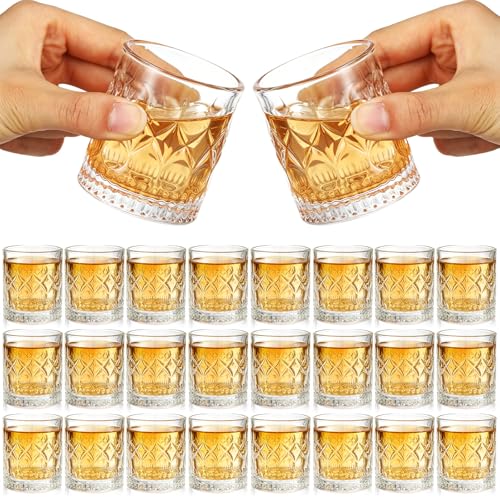 Meanplan 24 Pcs Mini Whiskey Tasting Set - 3.4oz Heavy Base Crystal Rocks Glasses - Vintage Engraved Small Bourbon & Whiskey Tasters for Bar, Parties, and Flight Samplings(Xo) - style: Xo