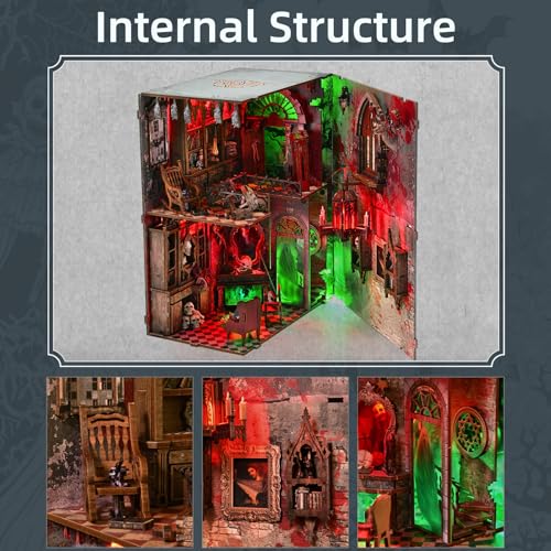 fifijoy Haunted Horror Book Nook Kit, DIY Miniature Dollhouse Halloween Booknook Kit, Spooky Creepy Scary 3D Wooden Puzzle Bookend Bookshelf Insert Decor with LED Light (Haunted Mansion) - color: Haunted Mansion