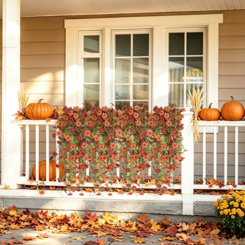 Artificial Fall Flowers for Outdoors UV Resistant Orange Fake Mums Decor - color: Dark Red+orange