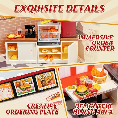 Rolife DIY Miniature Plastic House Building Set Toys Playset with LED Suitable for Mini Figures Construction Toys Diorama Kit Gifts for Teens Adults (Yum Yum Burgers) - style: Yum Yum Burgers