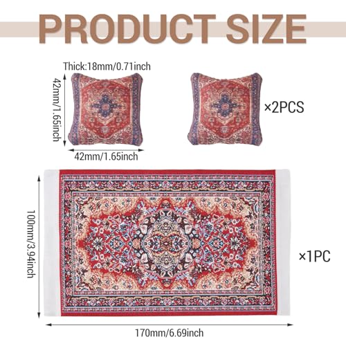 Vintage Miniature Carpets & Cushion Decorations Mini Dollhouse Accessories Small Pillow Rugs Retro Decor for Dollhouse Furniture Mini Living Room 1/12 Scale DIY Crafts Decorations Ornaments - style: Carpets & Cushion - Red