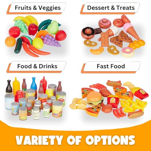120 Piece Deluxe Pretend Play Food Toy Tasty Treats Plastic Cooking and Grocery Shopping Assortment Set - style: 120 Pieces