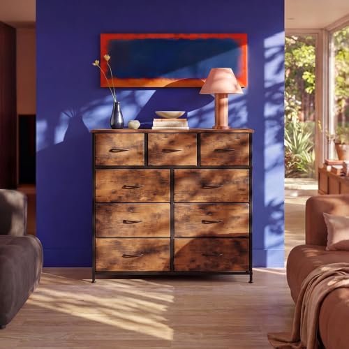WLIVE Tall Dresser for Bedroom, 9 Drawer Chest of Drawers, Rustic Brown - color: Rustic Brown Wood Grain Print