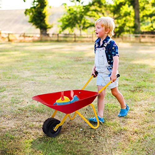 Costzon Kids Wheelbarrow, Metal Construction Toys Kart, Child Wheel Barrel w/Non-Slip Handle, Wearable Wheels, Yard Rover Steel Tray, Tote Dirt/Leaves/Tools in Garden for Toddlers (Red) - color: Red, size: 29" x 14" x 17"( L x W x H )