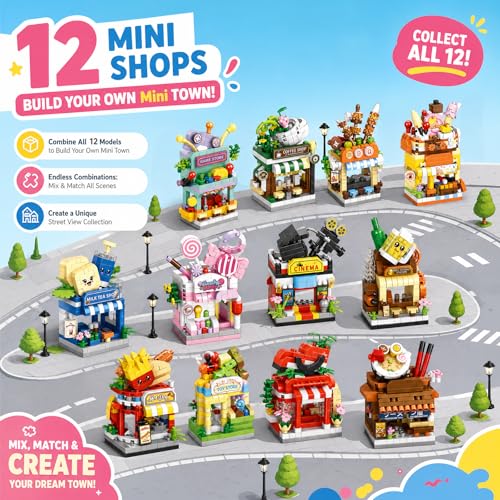 12 PCS Mini Street View Building Bricks Set, Modular City Shop Model, DIY Tiny Town Collection, Aesthetic Tabletop Decor, Holiday & Birthday Gifts for Adults - color: Vibrant