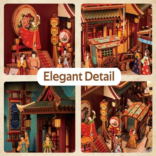 Tonecheer DIY Book Nook Kit for Adults, 3D Wooden Puzzle Bookend Bookshelf Insert Decor, Chinese Booknook Miniature House Kit with Body Motion Sensor LED Light (The Banquet of Tang Dynasty) - color: The Banquet of Tang Dynasty