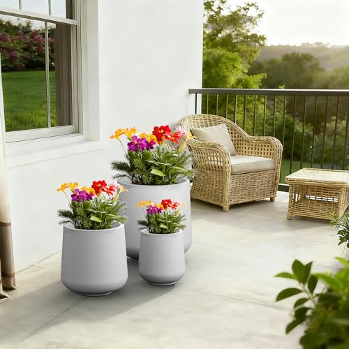 Kante Set of 3 White Concrete Curved Planters 16.5" 13" 9.4" Dia - color: Pure White, size: Set of 3: 15.3" + 11.6" + 8.2" D
