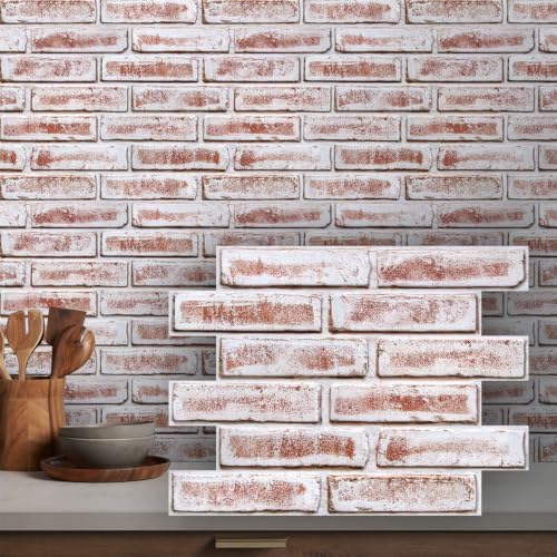 COMSTICKC 3D Faux Brick Wall Panels Peel and Stick, 10 Pcs 15.7" x 11.8" - color: Whitewashed Red Brick
