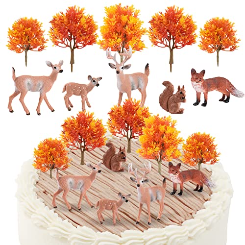 10Pcs Woodland Animals Figures Model Trees Kit, 5Pcs Forest Artificial Animal Deers 5Pcs Mixed Miniature Maple Trees for Birthday Cake Toppers Miniature Landscape Scenes