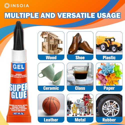 INSOIA Super Glue Gel Clear, 6 x 3g, All Purpose Non-Drip Single-Use - style: Gel