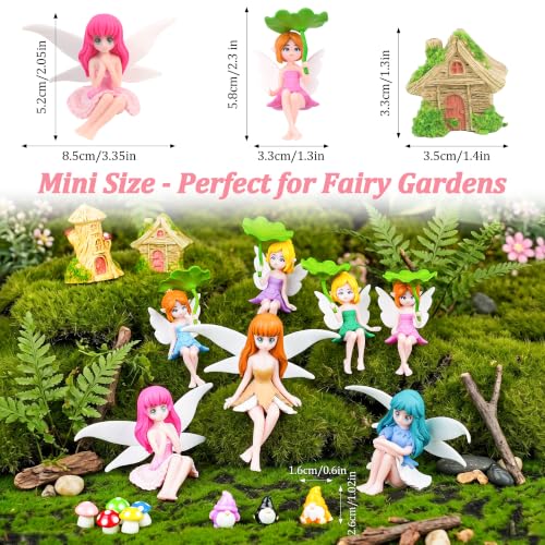 Avalution 17 Pcs Fairy Garden Accessories Kit, Miniature Sitting Fairy Figurines with Leaf Umbrellas, Houses and Mushrooms for Plant Pots and DIY Decor - size: 17 Pcs