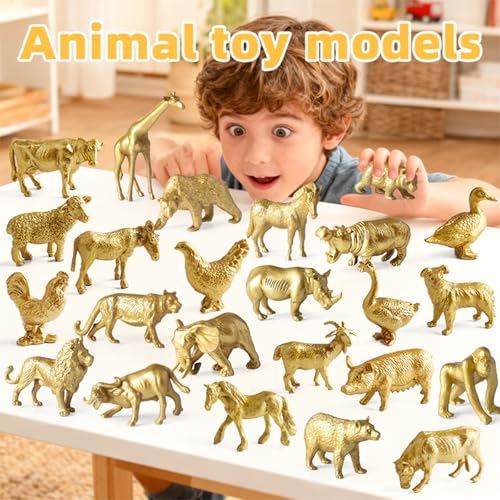 24pcs Gold Animal Figurines Toys, Plastic Safari & Farm Animals Figures, Miniature Zoo Jungle Animals for Cake Toppers Birthday Gift Party Decoration
