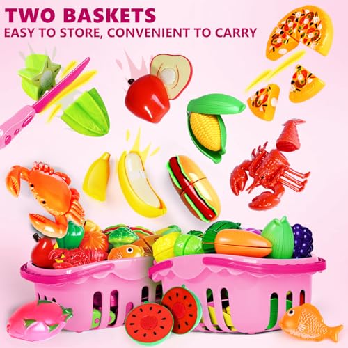 100 Pcs Play Food Set for Kids Kitchen, Pretend Food Toy for Toddlers, Play Kitchen Toys Accessories with 2 Baskets, Cutting Fake Food/Fruit/Vegetable, Christmas Birthday Gifts for Boys and Girls - color: Pink