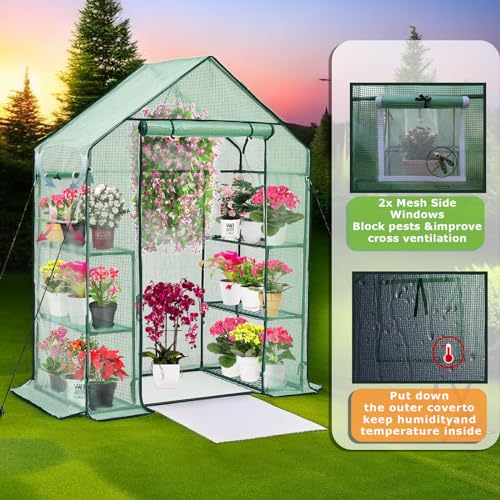Purlyu Walk-in Greenhouse for Outdoors w/ Mesh Side Windows, 3 Tiers 6 Shelves PE Cover Green House Portable Warm House for Seedling Flowers Growing 20 Pcs T-Type Plant Tags Include (GHW001G) - style: 6 shelf PE(Green)