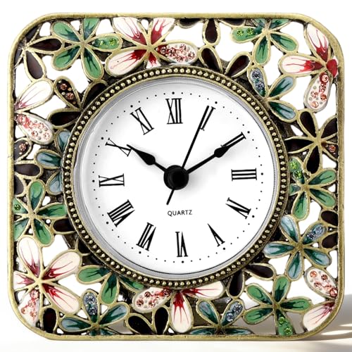 Kenning Vintage Mini Table Clock, 3.5 Inch Small Decorative Metal Non Ticking Analog Quartz Battery Operated Table Top Clock for Living Room Bedroom Bedside Desk Decor(Flower) - style: Flower
