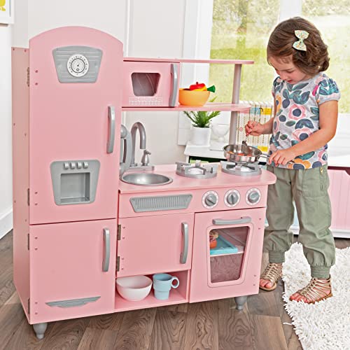 KidKraft Vintage Wooden Play Kitchen with Pretend Ice Maker and Play Phone, Pink - color: Pink