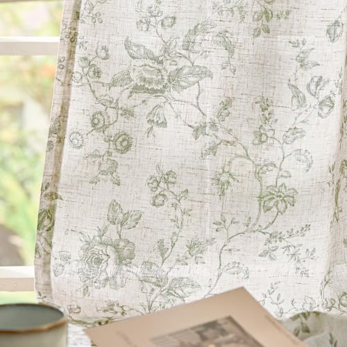 jinchan Linen Curtains 90 inch Green Floral Farmhouse Rod Pocket 2 Panels - color: Amlie Green, size: 50"W x 90"L (Pack of 2)