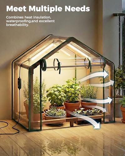 Bamworld Mini Greenhouse Indoor Desktop with Grow Lights - color: brown with grow lights, size: 19.68*19.68*15.15 inch