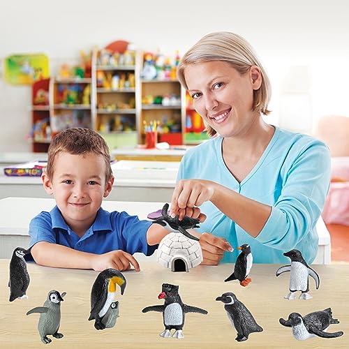 SCAHOW 11PCS Penguin Toys, Plastic Arctic Animal Penguin Figures for Kids, Realistic Polar Animals Penguin Figurines Set with Igloo Model, Cake Topper Winter Miniature Toys Decoration - style: 11PCS