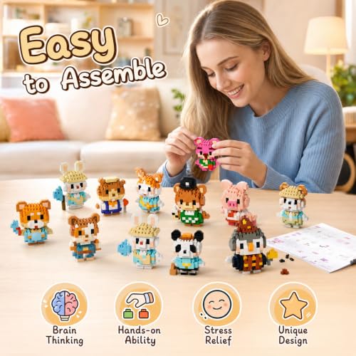 Mini Micro Animal Building Blocks Set, 12 Collectible Mini Animals, DIY Desk Display Ornaments, Stress Relief Craft Model, Handmade Gift for Building Enthusiasts - color: Pastel