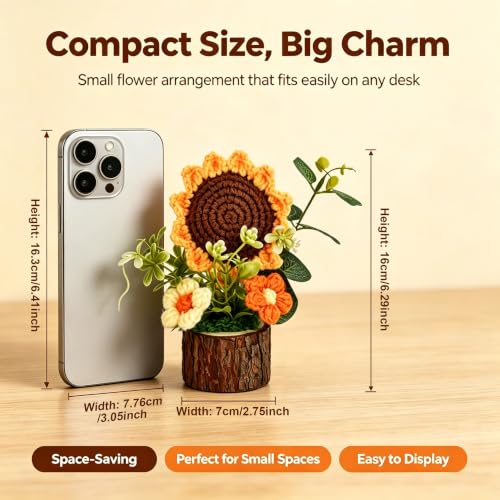 Adorable Crochet Flowers Bouquet for Women/Teacher Desk Decora Gift - color: Sunflower+wood