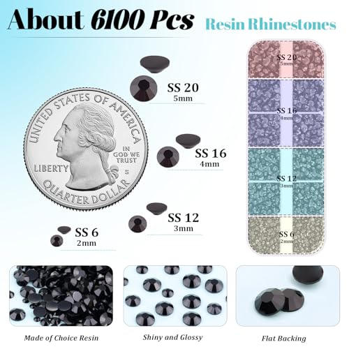 6100Pcs Resin Rhinestones for Crafting with 2Pcs 10ml B7000 Jewelry Glue, 1 Box Flatback Crystals Diamond (Black) for Bedazzling Crafts DIY Nail Art Non Hotfix Gems for Clothing Shoes Tumblers - color: Black, size: 1 Small Pack + 2Pc Glue
